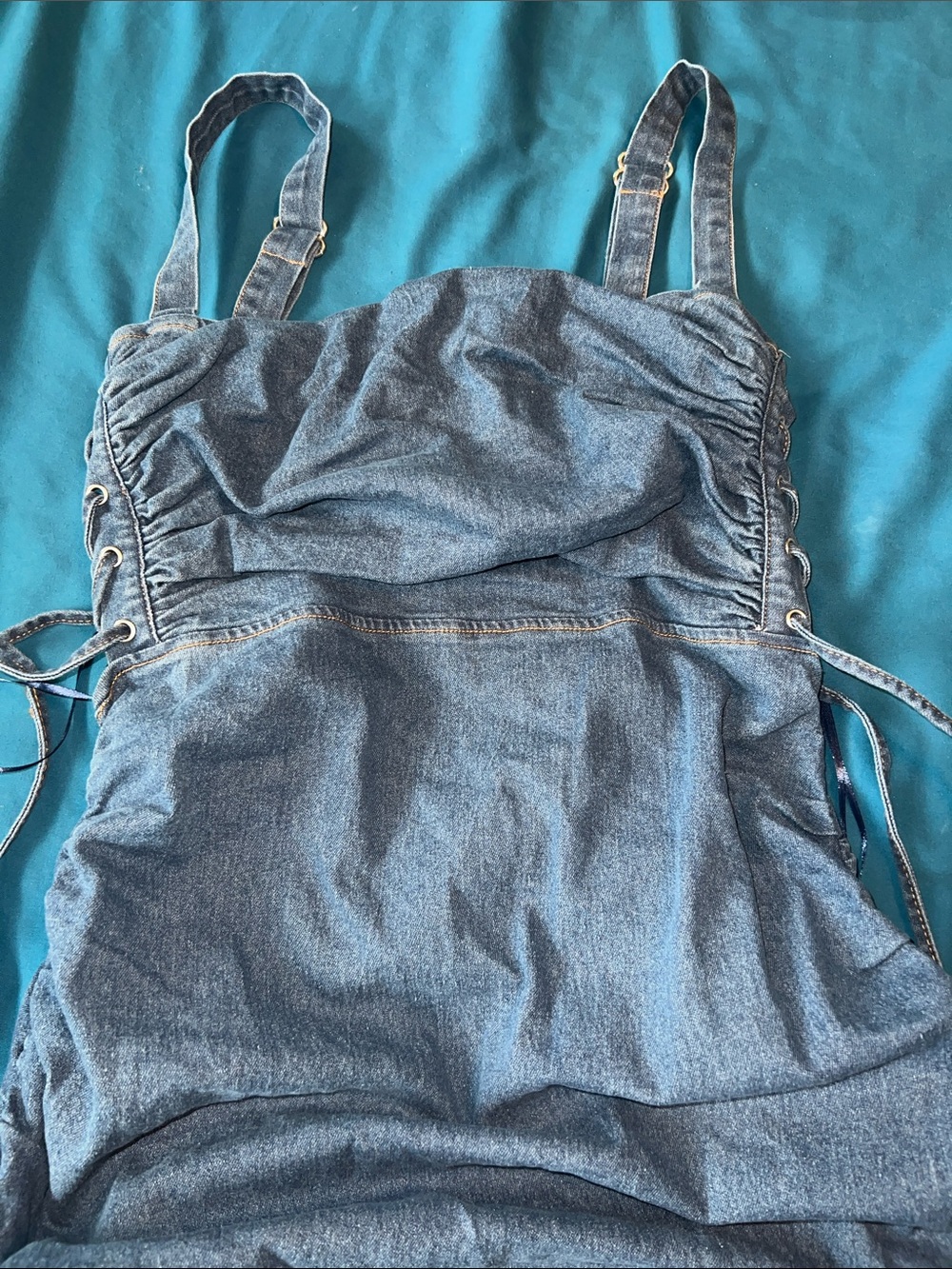 Women’s Large Dark Blue Denim Ruched Dress with Adjustable Straps - Picture 8 of 12